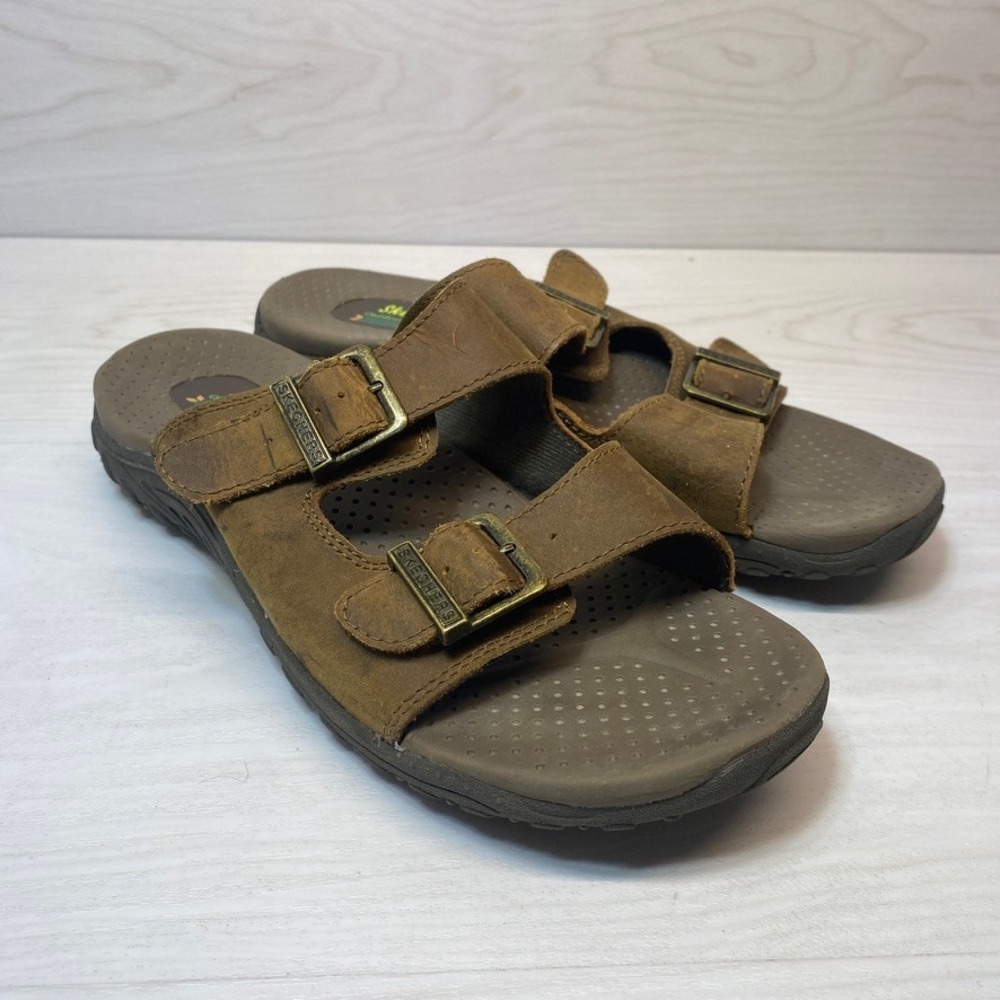 Skechers Womens 9 Sandals Outdoor Lifestyle Slides‎ Brown Leather Buckle Comfort